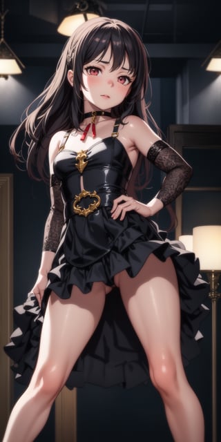 yunyun, full body looking straight ahead, 
dramatic lighting, 
detailed face, detailed nose,
 intricate background,
realism,realistic,portrait,photorealistic, 
sweet and innocent face, 14 year old girl face, leg harness, choker, wallpaper, standing, posing for photo, upskirt, 