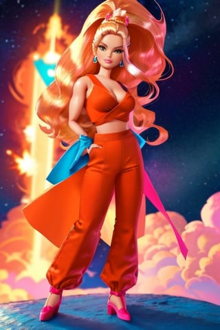  barbie con ropa de goku,hermosa cara, ojos perfectos, super saiyan , {{{masterpiece}}}, {{{best quality}}}, {{{ultra-detailed}}}, {cinematic lighting}, {illustration}, 1girl, orange clothes, blue pants, muscular, big breasts