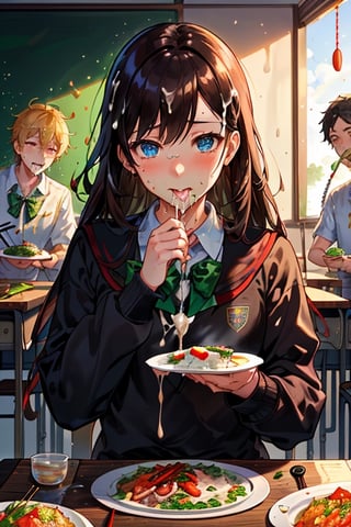 (master piece:1.2), (perfect anatomy:1.1), 1girl, 3boys, (the girl is, upper body view, including face in frame, (small breast:1.1), cute face,  school girl, wearing school uniform, eating with chopsticks, right hand has 2 chopsticks, holding 2 chopsticks by her right hand, holding small rice bowl by her left hand, left hand have rice bowl, (detailed face:1.2), (detailed hands), feeling nausea, tear-filled eyes, sitting on chair, eating lunch, cum eating, (cum string from mouth:1.2), (cum string between mouth and chopsticks:1.2), (cum string between mouth and food:1.1), )), ((boys are, standing beside the desk, facing to desk, wearing school uniform, (exposing penis:1.2), (ultra-detailed penis:1.2), grasping penis by hand, 1 hand holding penis, (shooting cum), (shooting exceeding cum:1.2), (cum splash to food), (cum string between penis and food) ), (the lunch  that the girl eating are, (lunch plate on the desk:1.2), ( consists of 1 glass of cum, 1 bowl of rice, 1 bowl of soup, and small plate with 2 side dishes, and all are on plastic rectangle tray:1.2), (glass filled with cum:1.2), (glass full of viscous bubbly liquid), (cum on grass), (grass covered with cum), (cum drip around grass), (cum drip from chopsticks:1.1), (white viscous source on food), (foods full of cum:1.2), (cum over dishes and plates:1.2), (dishes and places covered with cum:1.2), (dense cum on foods:1.2), (cum on foods:1.3)), (in classroom:1.2)