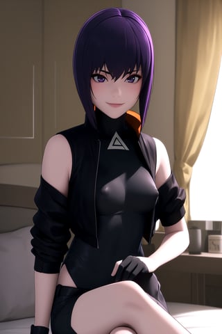 1girl, (masterpice:1.3), highres, high detailed, high quality, (solo), intricate_details, ,black gloves, fingerless_gloves, black leotard, black jacket, open jacket, room, crossed legs, short hair, purple hair, smile, sexy, (medium breasts), nipples,