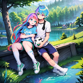 best quality,(1girl,1boy,fullbody), (multicolored hair,red hair,blue hair,purple hair in the middle), 
(heterochromia, green eyes, blue eyes),(sports shorts,long white socks,sneakers), 
(in a landscape,forest,
house overlooking the lake) (soccer ball)
,no_humans,scenery