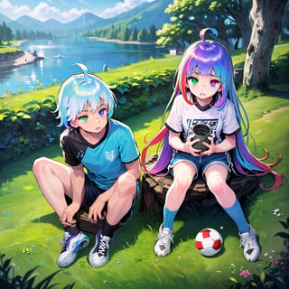 best quality,(1girl,1boy,fullbody), (multicolored hair,red hair,blue hair,purple hair in the middle), 
(heterochromia, green eyes, blue eyes),(sports shorts,long white socks,sneakers), 
(in a landscape,forest,
house overlooking the lake) (soccer ball)
,no_humans,scenery