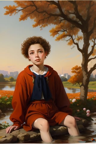 On the outskirts of the city. In a field of flowers. A river runs through it. 

(close up:1.2), (Anna Dittmann:1.2), 15yo boy. Sitting under a laurel tree. Watching the autumnal sunset. He wears a black and red sailor suit., Reddish-blonde short curly hair. Hazel eyes. Pinkest skin. Concave nose. Reddish Freckles.