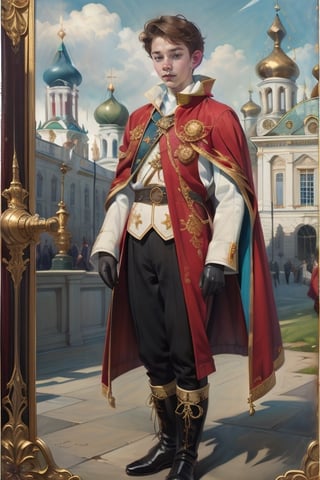 19yo Russian guy. (dark-wine Russian:Tabard, sword, cape, coat, leggings, high boots, leather gloves, royal insignia, embroidery, gold ornaments), lace, elegance, Renaissance style, vivid colors, distinctive uniform, status symbol, impeccable dress, nobility, gallant bearing. Versailles blurry landscape, Oilpainting, (National Art Romantic, Neo-Russian:0.9), Watercolor 