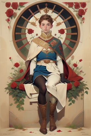 19yo Russian guy. (dark-wine Russian:Tabard, sword, cape, coat, leggings, high boots, leather gloves, royal insignia, embroidery, gold ornaments), 1734 medieval boy. Sitting on field of roses. intricate details,