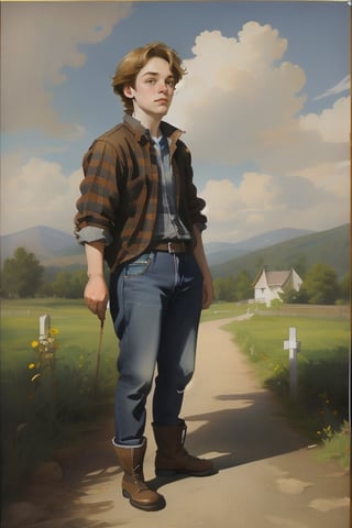 15yo British boy. 90s Grunge style. Wearing dark  jeans, red-dark flannel Plaid shirt, Doc Martens boots and belts. Church garden landscape. Art layer upon layer. Highres detailedly. Highres resolution. Highres Definitely., Fechin, oil painting, Ángulos de vision amplio, HDR, profundidad de campo, mejor calidad, ultra suave, ultra limpio, 8k, ultra alta resolución, ultra nítido, ultra detallado, Pale blonde skin. Freckles. Upturned nose.,