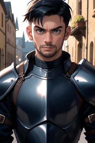 centered, upper body, award winning upper body portrait, (detailed face), (detailed eyes:1.2), serious, (looking at viewer), | solo, knight, (adult man:1.2), 1boy, man, buzzcut, dark brown eyes, dark blue hair color, (black knight tight armor), symetrical and detailed armor, | fantasy town, medieval, european street, | bokeh, depht of field, | hyperealistic shadows, smooth detailed, blurred background,