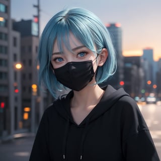 centered, masterpiece, face portrait, (frontal view, looking at front, facing viewer:1.2), | 1girl, solo, aqua hair color, short hairstyle, light blue eyes, | (black mouth mask:1.2), dark blue hoodie, | city lights, sunset, buildings, urban scenery, | bokeh, depth of field, |