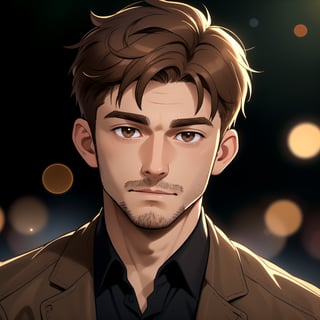 (looking at viewer), young adult man, dark completion, (light brown eyes), (short manly hairstyle), (light brown hair color), | centered, award winning face portrait, solo, man, | character concept, digital art, masterpiece, | bokeh, depth of field, |   