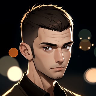 (looking at viewer), young adult man, (dark brown eyes), (buzzcut hairstyle), (dark brown hair color), | centered, award winning face portrait, solo, man, | character concept, digital art, masterpiece, | bokeh, depth of field, |   