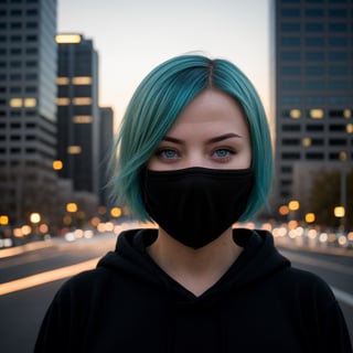 centered, masterpiece, face portrait, (frontal view, looking at front, facing viewer:1.2), | 1girl, solo, aqua hair color, short hairstyle, light blue eyes, | (black mouth mask:1.2), dark blue hoodie, | city lights, sunset, buildings, urban scenery, | bokeh, depth of field, |