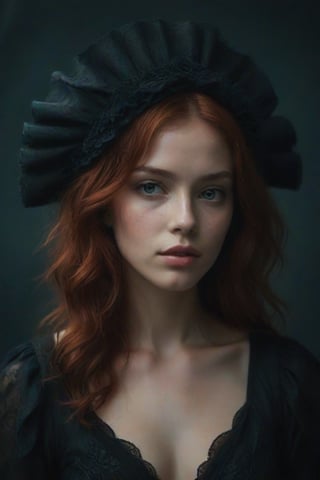 Create an image of a very sexy, sensual, red-haired young woman looking 
to camera, showing an extravagant black headdress with layered ruffles that extend in a wide circular shape against a dark teal background. It includes detailed textures such as pleats on the shoulders of her red garment and accurately depicts long, wavy red hair at the nape of her neck to convey an edgy fashion aesthetic.