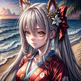 masterpiece, artwork, best quality, best performance, best artwork, best illustration, extremely detailed 8k unity CG wallpaper, a cute girl, long white hair, (intense sparkling yellow eyes glowing glowing), fair skin, beach background, she is wearing red kimono with white flowers, (portrait)