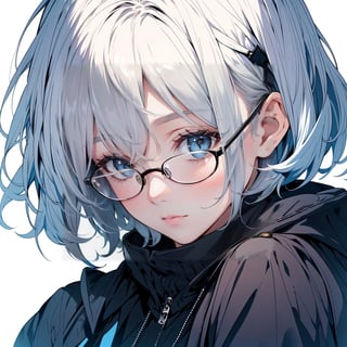 Craft a girl in glasses with short white hair, a long fringe covering her eyes. Illustrate in high resolution, emphasizing a blend of realism and mystery in the style.