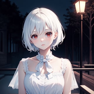 Cute girl with white short hair, wearing a pretty white lace blouse, red eyes, fair skin, portrait format. Scenery background like horror movie, global indirect lighting.