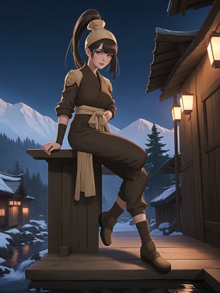 A ninja woman, wearing light brown ninja costume, wearing headdress, white bands tied on arms and legs, black hair, hair with bangs in front of her eyes, she is a ninja village in the mountains at night, with many wooden sturras, with a small stream, 16K, UHD, best possible quality, ultra detailed, best possible resolution, ultra technological, futuristic, robotic, Unreal Engine 5, professional photography, she is, ((sensual pose with interaction and leaning on anything + object + on something + leaning against)) + perfect anatomy, better_hands, ((full body)), More detail,