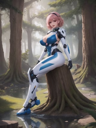 A woman is wearing an all-white mecha suit with blue parts. The mecha suit is very tight on her body, she has gigantic breasts. She has very short, pink, curly hair, with bangs in front of her eyes. She is looking directly at the viewer. She is in a magical forest with lots of trees, wooden structures and large tree trunks. It's night, there are many altars with ancient relics and a large pond, ((full body)), UHD, best possible quality, ultra detailed, best possible resolution, ultra technological, Unreal Engine 5, professional photography, she is doing (sensual pose with interaction and leaning on anything) + (object + on something + leaning against), perfect, More detail,