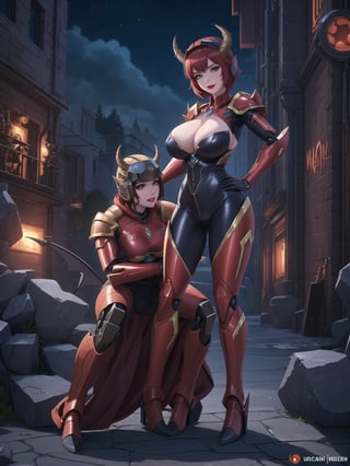 ((A demon woman)), has gigantic breasts, is wearing mecha costume+robotic armor with parts in red, totally black costume, she has ((horns, wearing helmet)), red hair, short hair, hair with bangs in front of eyes, she is Underworld at night, with many machines large stone structures, monsters, large metal structures, warcraft, 16K, UHD, best possible quality, ultra detailed, best possible resolution, ultra technological, futuristic, robotic, Unreal Engine 5, professional photography, she is, ((sensual pose with interaction and leaning on anything + object + on something + leaning against)) + perfect_thighs, perfect_legs, perfect_feet, ((full body)), more detail, better_hands