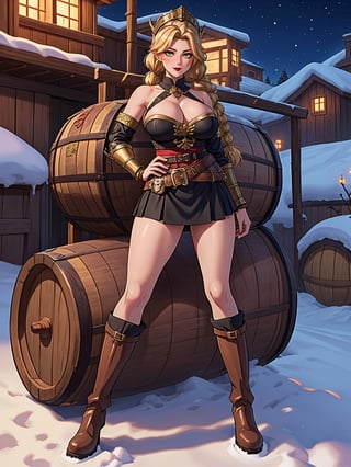 A woman, wearing a Viking warrior costume, golden armor with a black chest plate, black skirt with golden accessories, brown leather boots with velvet, very tight on her body, has gigantic breasts. She is wearing a helmet, her hair is blonde, long to the shoulders, with braids and two pigtails. She has a very large fringe in front of her right eye and is looking straight at the viewer. The woman is in a Viking village with a lot of snow at night, with many wooden structures, wolves, warning signs, barrels and carts. There are many rocky structures. (A woman striking a sensual pose with interaction and leaning on anything, structure, on something). Maximum sharpness, UHD, 16K, anime style, best possible quality, ultra detailed, best possible resolution, (full body:1.5), Unreal Engine 5, professional photography, perfect_thighs, perfect_legs, perfect_feet, perfect hand, fingers, hand, perfect, better_hands, more detail