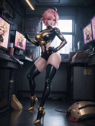 A woman, wearing an all-black mecha costume, mecha costume with golden parts, mecha costume with golden lights, mecha costume very tight on the body, wearing a mecha helmet with a transparent visor with lights, gigantic breasts, pink hair, ((super saiyan hair)), spiky hair, very short hair, messy hair, hair with bangs in front of the eyes, (looking directly at the viewer),  she's in a futuristic lab, computers, machines, destroyed robot, window showing the city, 16K, UHD, best possible quality, ultra detailed, best possible resolution, Unreal Engine 5, professional photography, she is, ((sensual pose with interaction and leaning on anything + object + on something + leaning against)) + perfect_thighs, perfect_legs, perfect_feet, better_hands, ((full body)), More detail,