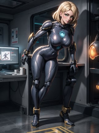 A woman, wearing black robotic armor with gold parts, gigantic breasts, blonde hair, short hair, messy hair, hair with bangs in front of her eyes, looking at the viewer, (((sensual pose with interaction and leaning on anything+object +leaning against))), on an alien spaceship, with computers, window, lights on the walls, elevators, structures, ((full body):1.5), 16K, UHD, unreal engine 5, quality max, max resolution, ultra -realistic, ultra-detailed, maximum sharpness, ((perfect_hands):1), Goodhands-beta2, super_metroid, ((ultra technology)), ((alien spaceship)),tareme-eyes