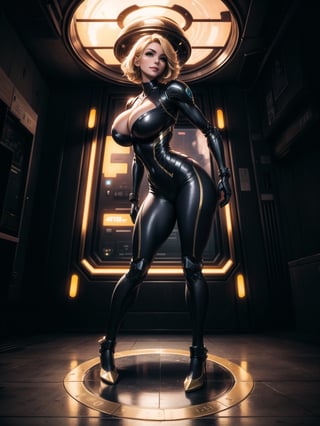 A woman, wearing black robotic armor with parts in gold, ((gigantic breasts)), blonde hair, short hair, messy hair, hair with bangs in front of the eye, looking at the viewer, (((sensual pose with interaction and leaning on anything+object+leaning against))), in an alien spaceship with computers, window, lights on the walls, elevators, structures ((full body):1.5), 16K, UHD, unreal engine 5, quality max, max resolution, ultra-realistic, ultra-detailed, maximum sharpness, ((perfect_hands):1), Goodhands-beta2, super_metroid, ((ultra technology)), ((alien ship))