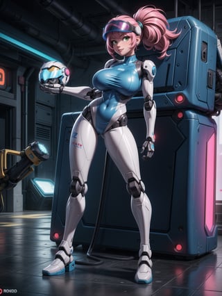 A robot woman, wearing ((white mecha costume with parts in blue, gigantic breasts, helmet+mask with visor)), short hair, pink hair, hair with barrettes, curly hair, messy hair, hair with bangs in front of her eyes, (((looking at the viewer, sensual pose with interaction and leaning on anything+object+on something+leaning against+leaning against))) in the underworld at night with many metal structures, machines, robots, ((full body):1.5); 16K, UHD, unreal engine 5, quality max, max resolution, ultra-realistic, ultra-detailed, maximum sharpness, ((perfect_hands):1), Goodhands-beta2, ((a robot woman+robotic limbs)), ((cyberpunk))