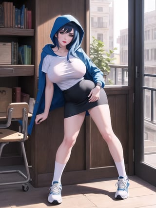 A woman is wearing a blue coat with a hood covering her head, a white T-shirt, a very short black skirt, knee-length lycra socks and white sneakers. The outfit is very tight on the body and her breasts are gigantic. She has blue hair, short in chanel style, with a very long fringe covering her left eye. She is looking directly at the viewer. She is inside a classroom, with a blackboard, tables with chairs, bookshelves with books and windows. There are many structures around. ((A woman doing a sensual pose with interaction and leaning on anything+object+on something+structure+leaning against+sensual pose)), maximum sharpness, super_metroid, UHD, 16k, best possible quality, ultra detailed, best possible resolution, (full body:1.5), Unreal Engine 5, professional photography, perfect_thighs, perfect_legs, perfect_feet, perfect hand, fingers, hand, perfect, better_hands, more detail