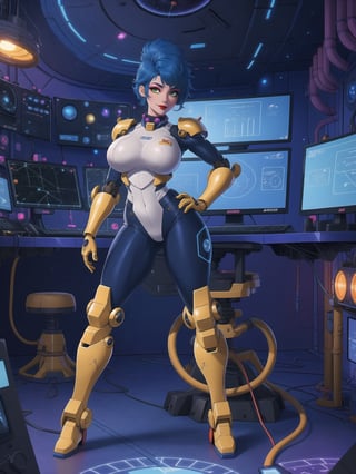 Princess Peach, wearing a mecha suit with blue parts, all white suit, cybernetic armor suit, suit with attached lights, gigantic breasts, full body covering suit, suit very tight on the body, synthetic suit, very short hair, blue hair, mohawk hair, hair with bangs in front of the eyes, she's looking directly at the viewer, she is in an alien aircraft in the control room, with many computers, control panels, display showing outer space, mecha robots, pipes with flowing electricity, UHD, best possible quality, ultra detailed, best possible resolution, ultra technological, futuristic, robotic, Unreal Engine 5, professional photography, ((she is doing sensual pose with interaction and leaning on anything + object + on something + leaning against)), ((full body)), better hands, More detail,