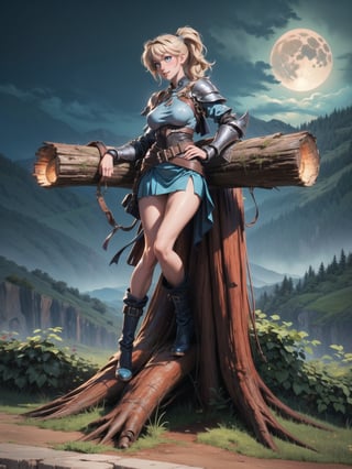 A woman, wearing silver armor, blue skirt with gold bands, long boots of black leather, gigantic breasts, blonde hair, hair with ponytail, hair with bangs in front of the eyes, (looking at the viewer), (((sensual pose+Interacting+leaning on anything+object+leaning against))), in a valley on top of a mountain at night, with many rocky structures,  trees, a small stream, many logs, soil+moon at the top center, 16K, UHD, (full body:1.5), unreal engine 5, quality max, max resolution, ultra-realistic, ultra-detailed, maximum sharpness, ((perfect_hands)), ((perfect_legs)), Goodhands-beta2, ((Charlotte Christine de Colde, gigantic breasts))