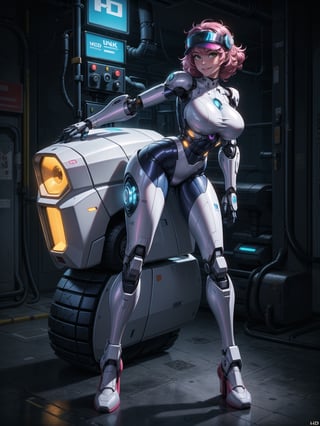 A robot woman, wearing ((white mecha costume with parts in blue, gigantic breasts, helmet+mask with visor)), short hair, pink hair, hair with barrettes, curly hair, messy hair, hair with bangs in front of her eyes, (((looking at the viewer, sensual pose with interaction and leaning on anything+object+on something+leaning against+leaning against))) in the underworld at night with many metal structures, machines, robots, ((full body):1.5); 16K, UHD, unreal engine 5, quality max, max resolution, ultra-realistic, ultra-detailed, maximum sharpness, ((perfect_hands):1), Goodhands-beta2, ((a robot woman+robotic limbs)), ((cyberpunk))