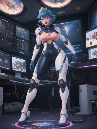 ((Princess Peach)), wearing a mecha suit with blue parts, all white suit, cybernetic armor suit, suit with attached lights, ((gigantic breasts)), full body covering suit, suit very tight on the body, synthetic suit, very short hair, blue hair, mohawk hair, hair with bangs in front of the eyes, she's looking directly at the viewer, she is in an alien aircraft in the control room, with many computers, control panels, display showing outer space, mecha robots, pipes with flowing electricity, UHD, best possible quality, ultra detailed, best possible resolution, ultra technological, futuristic, robotic, Unreal Engine 5, professional photography, ((she is doing sensual pose with interaction and leaning on anything + object+on something+leaning against)), ((full body)), better hands, More detail,