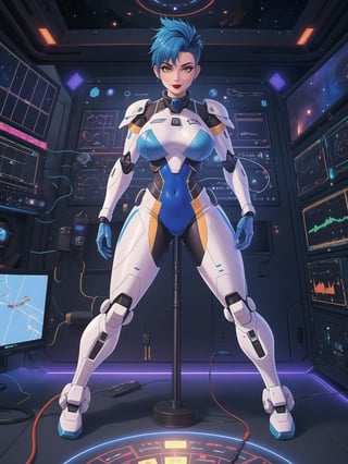 A woman, wearing a mecha suit with blue parts, all white suit, cybernetic armor suit, suit with attached lights, gigantic breasts, full body covering suit, suit very tight on the body, synthetic suit, very short hair, blue hair, mohawk hair, hair with bangs in front of the eyes, she's looking directly at the viewer, she is in an alien aircraft in the control room, with many computers, control panels, display showing outer space, mecha robots, pipes with flowing electricity, UHD, best possible quality, ultra detailed, best possible resolution, ultra technological, futuristic, robotic, Unreal Engine 5, professional photography, ((she is doing sensual pose with interaction and leaning on anything + object + on something + leaning against)), ((full body)), better hands, More detail. ((Marjorie Bouvier Simpson))