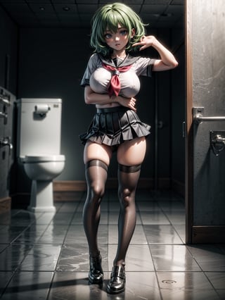 ((Full body):2) (({Only 1 woman}):1.2), Only 1woman:((wearing white schoolgirl clothes with a black skirt, extremely tight around the body):1.2), (has extremely large breasts):1.2) , ((has very short green hair, blue eyes):1.2), ((is doing erotic poses for the viewer):1.2). Only 1 woman: ((in a bathroom in a school full of women):1.2), anime, anime, Hyperrealism, Hyperrealism, 16k, high quality, high details, UHD, masterpiece,cartoon 