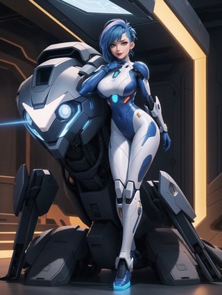 A woman is wearing an all-white mecha costume, with blue parts and luminous couplings. The mecha suit is very tight on the body and has cybernetic armor. She has gigantic breasts and short, blue, mohawk hair with a fringe that falls in front of her eyes. She is looking directly at the viewer. She is in an alien aircraft filled with technological structures, machines, computers and aliens armed with lasers. Sidera, ((she is striking a sensual pose, leaning on anything or object, resting and leaning against herself over it)), ((full body)), super_metroid, mecha, UHD, best possible quality, ultra detailed, best possible resolution, Unreal Engine 5, professional photography, perfect hand, fingers, hand, perfect, More detail,