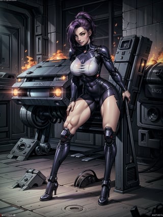 A woman, wearing white cybernetic armor with tight and tight red areas, gigantic breasts, wearing helmet with visor, purple hair, extremely short hair, rebellious hair, hair with ponytail, hair with bangs in front of the eye, looking at the viewer, (((sensual pose+Interacting+leaning on anything+object+leaning against))), on a battlefield with [machines|stone structures],  military vehicles, fire everywhere, ((full body):1.5), 16K, UHD, unreal engine 5, quality max, max resolution, ultra-realistic, ultra-detailed, maximum sharpness, ((perfect_hands):1), Goodhands-beta2, ((technological))