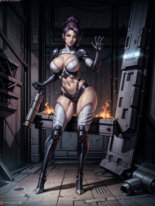 A woman, wearing white cybernetic armor with tight and tight red areas, gigantic breasts, wearing helmet with visor, purple hair, extremely short hair, rebellious hair, hair with ponytail, hair with bangs in front of the eye, looking at the viewer, (((sensual pose+Interacting+leaning on anything+object+leaning against))), on a battlefield with [machines|stone structures],  military vehicles, fire everywhere, ((full body):1.5), 16K, UHD, unreal engine 5, quality max, max resolution, ultra-realistic, ultra-detailed, maximum sharpness, ((perfect_hands):1), Goodhands-beta2, ((technological))