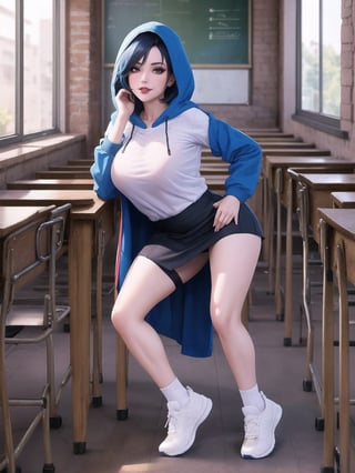 A woman is wearing a blue coat with a hood covering her head, a white T-shirt, a very short black skirt, knee-length lycra socks and white sneakers. The outfit is very tight on the body and her breasts are gigantic. She has blue hair, short in chanel style, with a very long fringe covering her left eye. She is looking directly at the viewer. She is inside a classroom, with a blackboard, tables with chairs, bookshelves with books and windows. There are many structures around. ((A woman doing a sensual pose with interaction and leaning on anything+object+on something+structure+leaning against+sensual pose)), maximum sharpness, super_metroid, UHD, 16k, best possible quality, ultra detailed, best possible resolution, (full body:1.5), Unreal Engine 5, professional photography, perfect_thighs, perfect_legs, perfect_feet, perfect hand, fingers, hand, perfect, better_hands, more detail