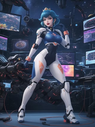 ((Princess Peach)), wearing a mecha suit with blue parts, all white suit, cybernetic armor suit, suit with attached lights, gigantic breasts, full body covering suit, suit very tight on the body, synthetic suit, very short hair, blue hair, mohawk hair, hair with bangs in front of the eyes, she's looking directly at the viewer, she is in an alien aircraft in the control room, with many computers, control panels, display showing outer space, mecha robots, pipes with flowing electricity, UHD, best possible quality, ultra detailed, best possible resolution, ultra technological, futuristic, robotic, Unreal Engine 5, professional photography, ((she is doing sensual pose with interaction and leaning on anything + object + on something + leaning against)), ((full body)), better hands, More detail,