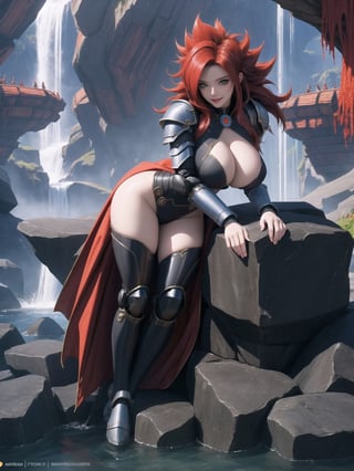 ((A demon woman)), has gigantic breasts, is wearing mecha costume+robotic armor with parts in red, totally black costume, she has ((super saiyan hair)), red hair, hair with bangs covering her eyes, she is, in the underworld, with many machines large stone structures, waterfall with dirty water, monsters , warcraft, 16K, UHD, best possible quality, ultra detailed, best possible resolution, ultra technological, futuristic, robotic, Unreal Engine 5, professional photography, she is, ((sensual pose with interaction and leaning on anything + object + on something + leaning against)) + perfect_thighs, perfect_legs, perfect_feet, ((full body)), more detail, better_hands