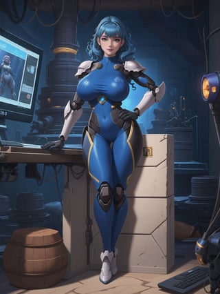 A woman, has gigantic breasts, is wearing mecha costume+robotic armor with parts in blue, totally white costume, she has blue hair, curly hair, hair with bangs in front of her eyes, she is, in an ultra technological dungeon, with machines, large stone structures, computers, warcraft, 16K, UHD, best possible quality, ultra detailed, best possible resolution, ultra technological, futuristic, robotic, Unreal Engine 5, professional photography, she is, ((sensual pose with interaction and leaning on anything + object + on something + leaning against)) + perfect_thighs, perfect_legs, perfect_feet, ((full body)), more detail, better_hands