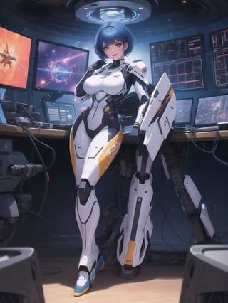 A woman, wearing a mecha suit with blue parts, all white suit, cybernetic armor suit, suit with attached lights, gigantic breasts, full body covering suit, suit very tight on the body, synthetic suit, very short hair, blue hair, mohawk hair, hair with bangs in front of the eyes, she's looking directly at the viewer, she is in an alien aircraft in the control room, with many computers, control panels, display showing outer space, mecha robots, pipes with flowing electricity, UHD, best possible quality, ultra detailed, best possible resolution, ultra technological, futuristic, robotic, Unreal Engine 5, professional photography, ((she is doing sensual pose with interaction and leaning on anything + object + on something + leaning against)), ((full body)), better hands, More detail.