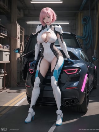 A woman, with (gigantic breasts), with wosawe cyber Armor All White, wosawe cyber armor small parts in blue, wosawe cyber armor with lights attached, pink hair, short hair, hair with bangs in front of her eyes, she is a garage, with many futuristic cars, food machines, video games, 16K, UHD, best possible quality, ultra detailed, best possible resolution, ultra technological, cyberpunk, robotic, Unreal Engine 5, professional photography, she is,  ((sensual pose with interaction and leaning on anything + object + on something + leaning against)) + perfect_thighs, perfect_legs, perfect_feet, better_hands, ((full body)), More detail,