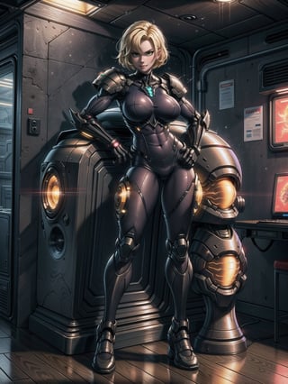 A woman, wearing black robotic armor with gold parts, gigantic breasts, blonde hair, short hair, messy hair, hair with bangs in front of her eyes, looking at the viewer, (((sensual pose with interaction and leaning on anything+object +leaning against))), on an alien spaceship, with computers, window, lights on the walls, elevators, structures, ((full body):1.5), 16K, UHD, unreal engine 5, quality max, max resolution, ultra -realistic, ultra-detailed, maximum sharpness, ((perfect_hands):1), Goodhands-beta2, super_metroid+((alien spaceship)), ((ultra technology)), flaming eye