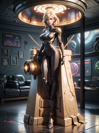 A woman, wearing black robotic armor with gold parts, gigantic breasts, blonde hair, short hair, messy hair, hair with bangs in front of her eyes, looking at the viewer, (((sensual pose with interaction and leaning on anything+object +leaning against))), on an alien spaceship, with computers, window, lights on the walls, elevators, structures, ((full body):1.5), 16K, UHD, unreal engine 5, quality max, max resolution, ultra -realistic, ultra-detailed, maximum sharpness, ((perfect_hands):1), Goodhands-beta2, super_metroid+((alien spaceship)), ((ultra technology))