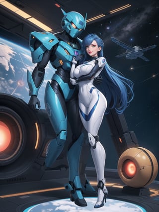 A woman is wearing an all-white mecha costume, with blue parts and luminous couplings. The mecha suit is very tight on the body and has cybernetic armor. She has gigantic breasts and short, blue, mohawk hair with a fringe that falls in front of her eyes. She is looking directly at the viewer. She is in an alien aircraft filled with technological structures, machines, computers and aliens armed with lasers. The aircraft has elevators and windows that show outer space, ((She is striking a sensual pose, leaning on anything or object, resting and leaning against herself over it)), ((full body)), super_metroid, mecha, UHD, best possible quality, ultra detailed, best possible resolution, Unreal Engine 5, professional photography, perfect hand, fingers, hand, perfect, More detail,