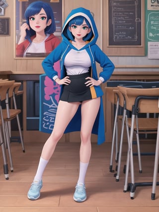 A woman is wearing a blue coat with a hood covering her head, a white T-shirt, a very short black skirt, knee-length lycra socks and white sneakers. The outfit is very tight on the body and her breasts are gigantic. She has blue hair, short in chanel style, with a very long fringe covering her left eye. She is looking directly at the viewer. She is inside a classroom, with a blackboard, tables with chairs, bookshelves with books and windows. There are many structures around. ((A woman doing a sensual pose with interaction and leaning on anything+object+on something+structure+leaning against+sensual pose)), maximum sharpness, UHD, 16k, anime style, best possible quality, ultra detailed, best possible resolution, (full body:1.5), Unreal Engine 5, professional photography, perfect_thighs, perfect_legs, perfect_feet, perfect hand, fingers, hand, perfect, better_hands, more detail