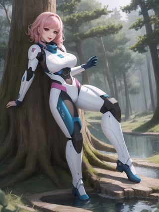 A woman is wearing an all-white mecha suit with blue parts. The mecha suit is very tight on her body, she has gigantic breasts. She has very short, pink, curly hair, with bangs in front of her eyes. She is looking directly at the viewer. She is in a magical forest with lots of trees, wooden structures and large tree trunks. It's night, there are many altars with ancient relics and a large pond, ((full body)), UHD, best possible quality, ultra detailed, best possible resolution, ultra technological, Unreal Engine 5, professional photography, she is doing (sensual pose with interaction and leaning on anything) + (object + on something + leaning against), perfect, More detail,