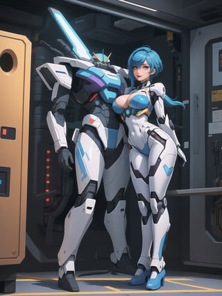 A woman is wearing an all-white mecha costume, with blue parts and luminous couplings. The mecha suit is very tight on the body and has cybernetic armor. She has gigantic breasts and short, blue, mohawk hair with a fringe that falls in front of her eyes. She is looking directly at the viewer. She is in an alien aircraft filled with technological structures, machines, computers and aliens armed with lasers. The aircraft has elevators and windows, ((She is striking a sensual pose, leaning on anything or object, resting and leaning against herself over it)), ((full body)), super_metroid, mecha, UHD, best possible quality, ultra detailed, best possible resolution, Unreal Engine 5, professional photography, perfect hand, fingers, hand, perfect, More detail,