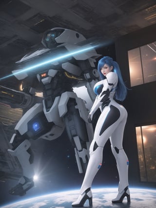 A woman is wearing an all-white mecha costume, with blue parts and luminous couplings. The mecha suit is very tight on the body and has cybernetic armor. She has gigantic breasts and short, blue, mohawk hair with a fringe that falls in front of her eyes. She is looking directly at the viewer. She is in an alien aircraft filled with technological structures, machines, computers and aliens armed with lasers. The aircraft has elevators and windows that show outer space, ((She is striking a sensual pose, leaning on anything or object, resting and leaning against herself over it)), ((full body)), super_metroid, mecha, UHD, best possible quality, ultra detailed, best possible resolution, Unreal Engine 5, professional photography, perfect hand, fingers, hand, perfect, More detail,